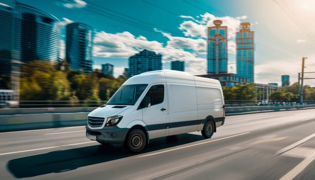 A white van is driving down a road with a beautiful sunset in the background by AI generated image.