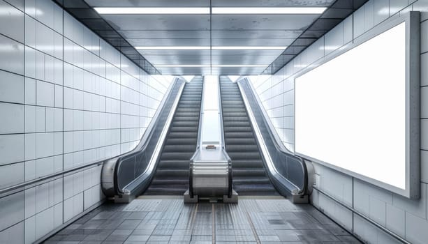 A white and grey subway station with escalators and a large white sign by AI generated image.