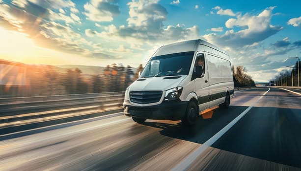 A white van is driving down a road with a beautiful sunset in the background by AI generated image.