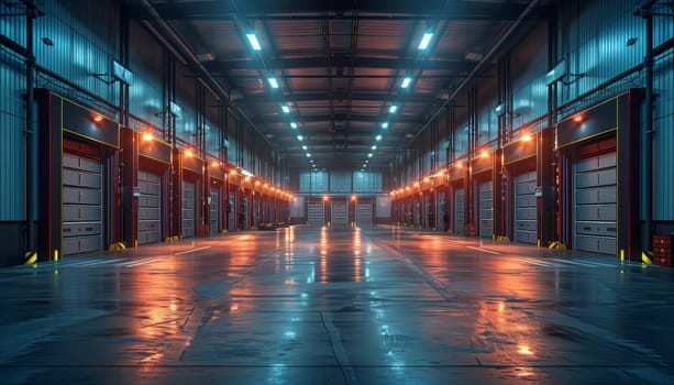 A large warehouse with many doors and a lot of light by AI generated image.