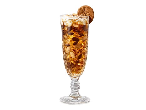 Almond cola in a tall glass almonds and caramel swirls around dynamic brown splash high. Drink isolated on transparent background.
