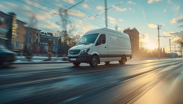 A white van is driving down a road with a beautiful sunset in the background by AI generated image.