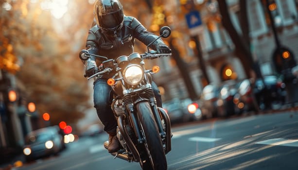 A man wearing a leather jacket and helmet is riding a motorcycle down a road by AI generated image.