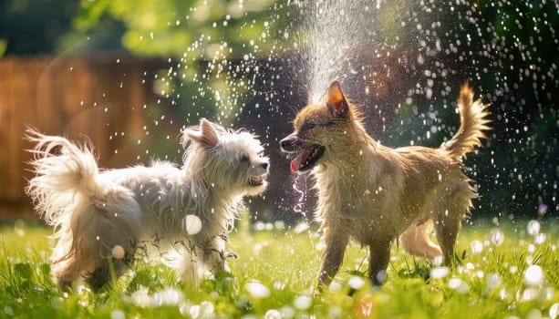 Two dogs playing in the grass with water splashing around them by AI generated image.