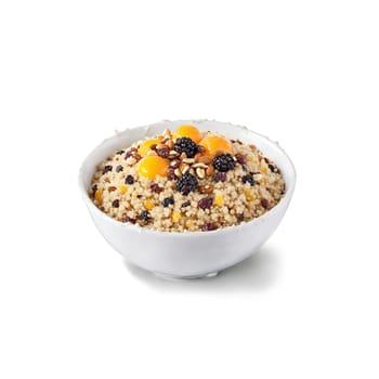 Breakfast quinoa fluffy and colorful studded with dried fruits and nuts with a splash of. Food isolated on transparent background.