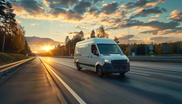 A white van is driving down a road with a beautiful sunset in the background by AI generated image.