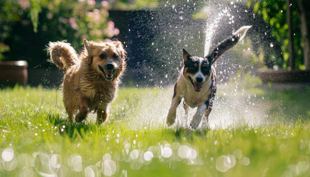 Two dogs playing in the grass with water splashing around them by AI generated image.