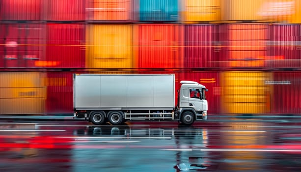 A white truck is driving down a road next to a row of red containers by AI generated image.