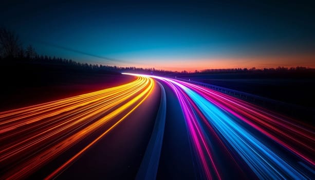 A bright light is shining on a road with a lot of colorful streaks by AI generated image.