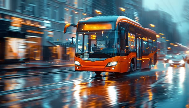 A bus is driving down a wet street with a bright orange sign on the front by AI generated image.