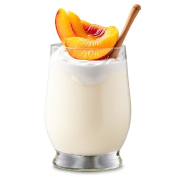 Almond yogurt in a glass jar layered with fresh nectarine slices and a drizzle of. Milk product isolated on transparent background