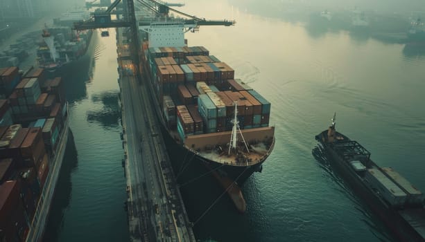 A large cargo ship is docked at a port by AI generated image.