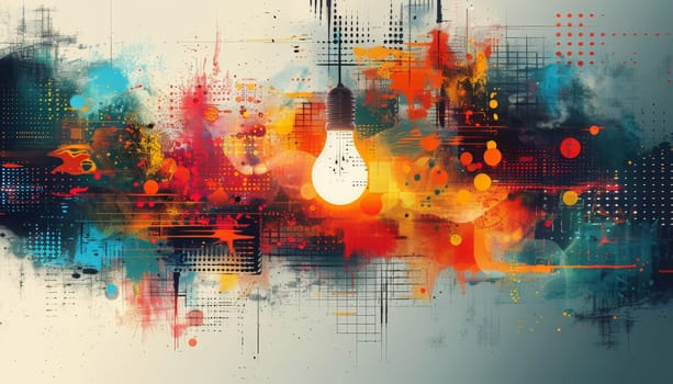 A light bulb is lit up in a colorful, abstract painting by AI generated image.