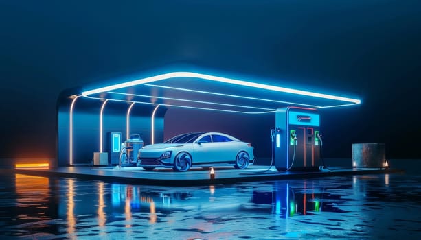 A futuristic car is parked at a gas station with neon lights by AI generated image.