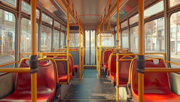 A bus with yellow poles and red seats by AI generated image.