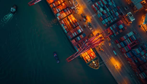 A boat is in the water near a large container ship by AI generated image.