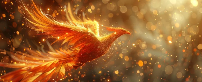 A fiery bird with its wings spread wide, surrounded by a cloud of sparks by AI generated image.