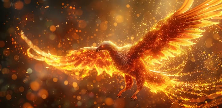 A red bird with gold feathers flying through a fiery sky by AI generated image.