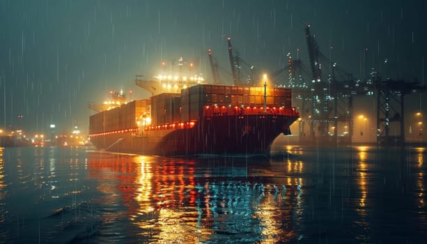 A large ship is sailing in the rain with a dark sky in the background by AI generated image.