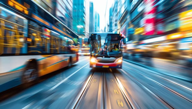 A blue bus is driving down a city street by AI generated image.