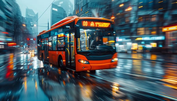 A bus is driving down a wet street with a bright orange sign on the front by AI generated image.