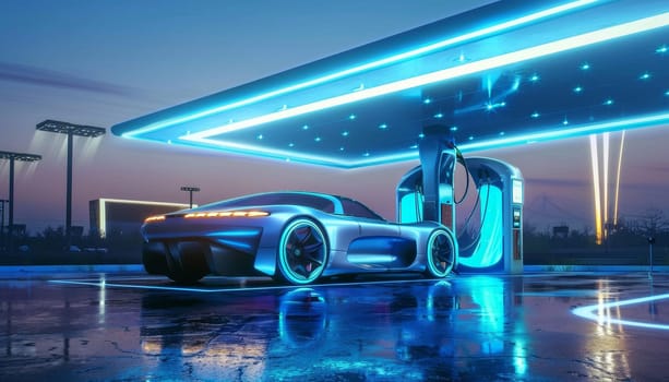 A futuristic car is parked at a gas station with neon lights by AI generated image.