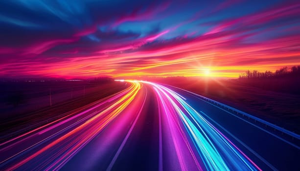A rainbow is seen on a road with a sunset in the background by AI generated image.