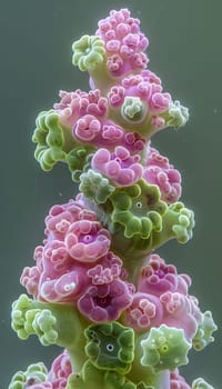 A closeup of a beautiful pink and green flower with vibrant petals against a lush green background, perfect for flower arranging or as an artificial decoration