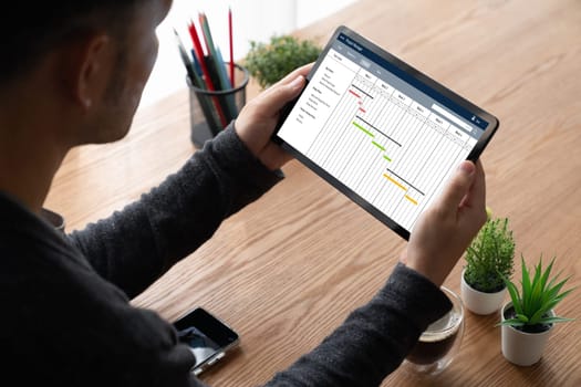 Project planning software for modish business project management on the computer screen showing timeline chart of the team project