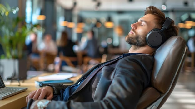 Serene Young Businessman Enjoying Music Break in Contemporary Office Setting, A man wearing headphones is relaxing.