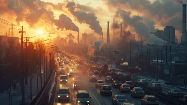 Urban Pollution Crisis, Heavy Traffic and Industrial Smoke in an Environmental Disaster Zone.