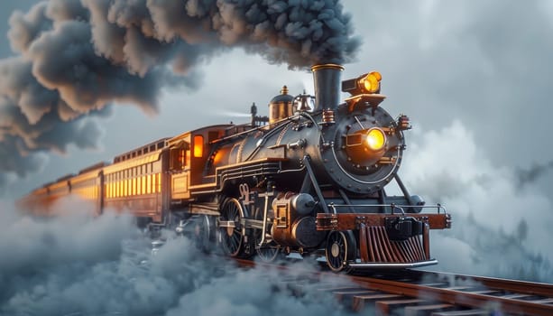 A steam train is traveling down a track with smoke coming out of the engine by AI generated image.