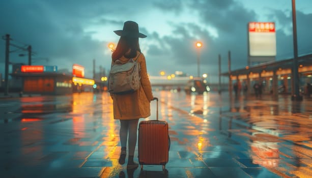 A woman is walking down a wet street with a suitcase by AI generated image.