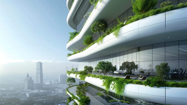 Eco-Friendly Futuristic Office Building, Green Spaces, Solar Panels, and Wind Turbines.