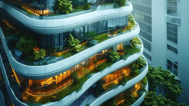 Eco-Friendly Futuristic Office Building, Green Spaces, Solar Panels, and Wind Turbines.