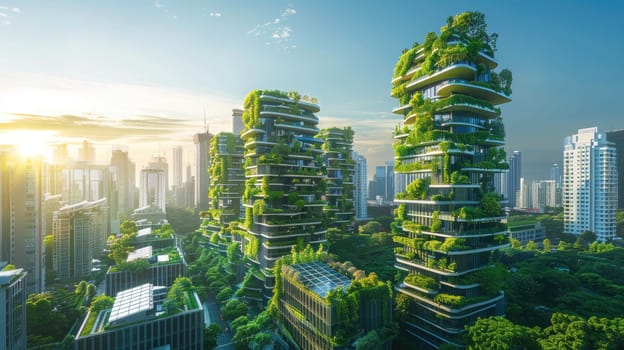Sustainable Urban Oasis, Modern Eco-Friendly Cityscape with Green Skyscrapers, Solar Panels, and Wind Turbines under a Clear Sky.