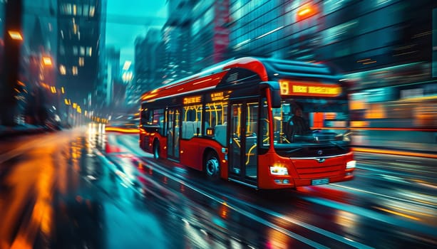 A bus is driving down a wet street with a bright orange sign on the front by AI generated image.