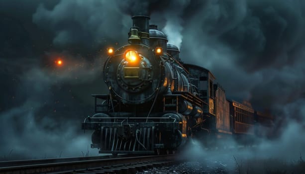 A steam train is traveling down a track with smoke coming out of the engine by AI generated image.