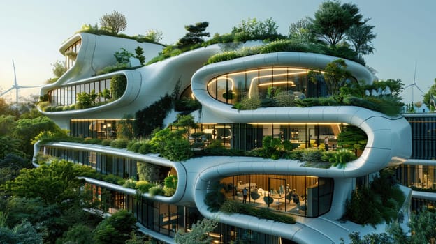 Eco-Friendly Futuristic Office Building, Green Spaces, Solar Panels, and Wind Turbines.