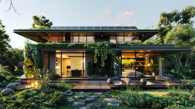 Modern Eco-Friendly Home with Green Roof, Solar Panels, and Sustainable Garden Views.