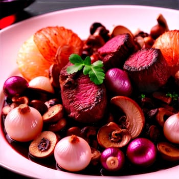 Beef Bourguignon tender beef chunks red wine sauce pearl onions mushrooms Culinary and Food concept. Food isolated on transparent background