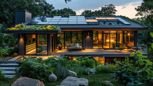 Modern Eco-Friendly Home with Green Roof, Solar Panels, and Sustainable Garden Views.