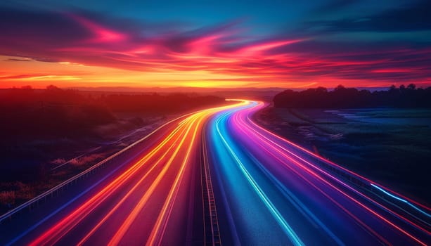 A rainbow is seen on a road with a sunset in the background by AI generated image.