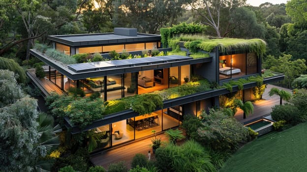 Modern Eco-Friendly Home with Green Roof, Solar Panels, and Sustainable Garden Views.