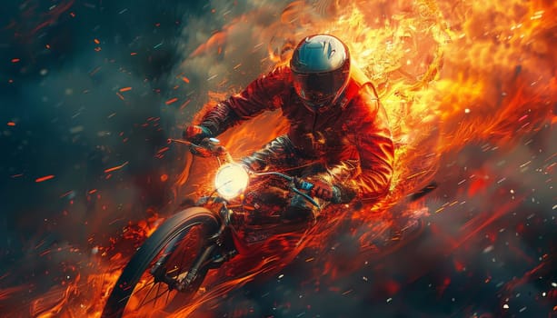 A man is riding a motorcycle through a fiery explosion by AI generated image.