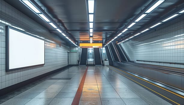 A large, empty subway station with a white sign on the wall by AI generated image.