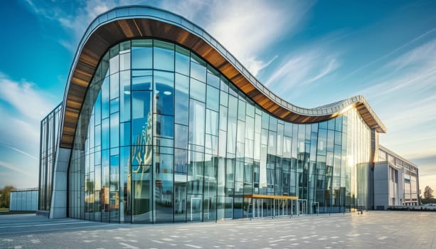 A large building with a curved roof and lots of glass windows by AI generated image.
