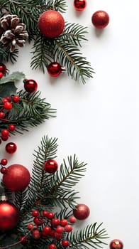 A festive Christmas background features holiday ornaments like red balls, pine cones, and berries on evergreen branches against a white backdrop