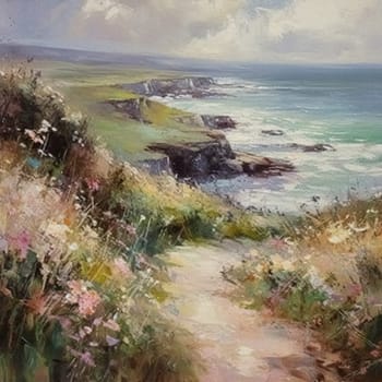 Oil style fine art coastal painting of the English coast, romantic seaside and floral meadow in soft pastel colours, evoking a sense of tranquility and natural beauty, printable art design