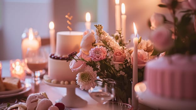 Birthday cake with candles and flowers on the table. Selective focus.